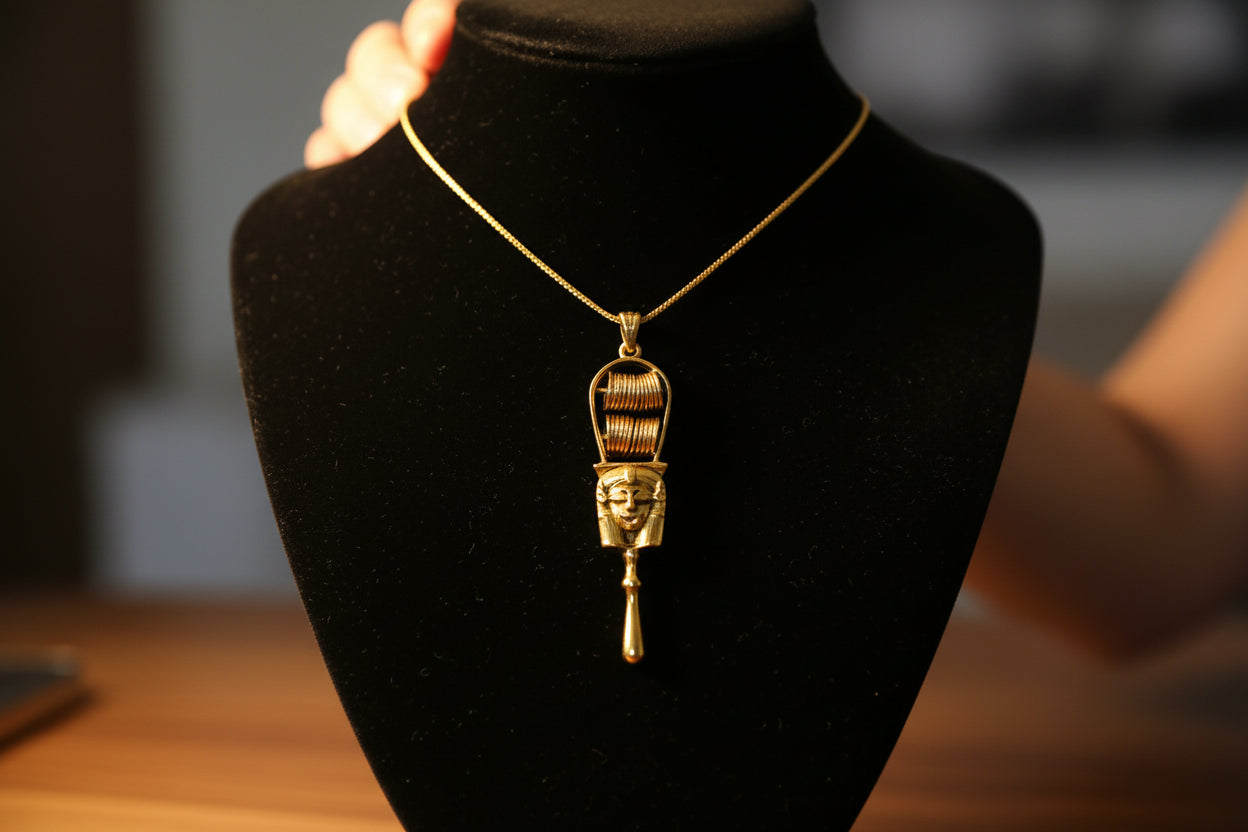 Gold Hathor Sistrum Pendant, Egyptian Revival Amulet Necklace