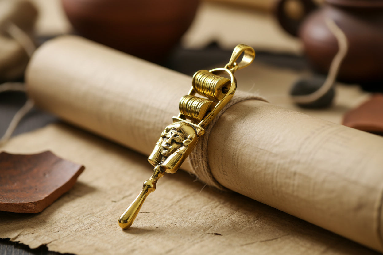 Gold Hathor Sistrum Pendant, Egyptian Revival Amulet Necklace