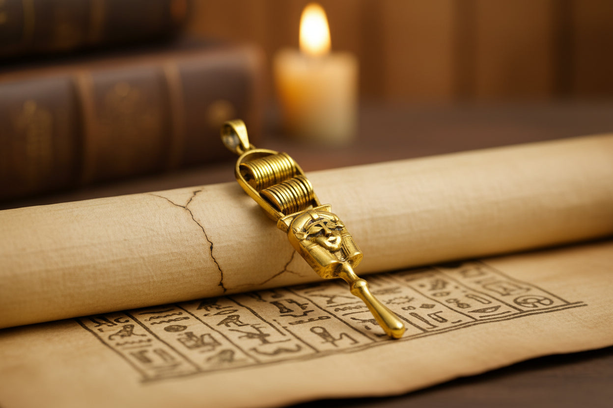 Gold Hathor Sistrum Pendant, Egyptian Revival Amulet Necklace