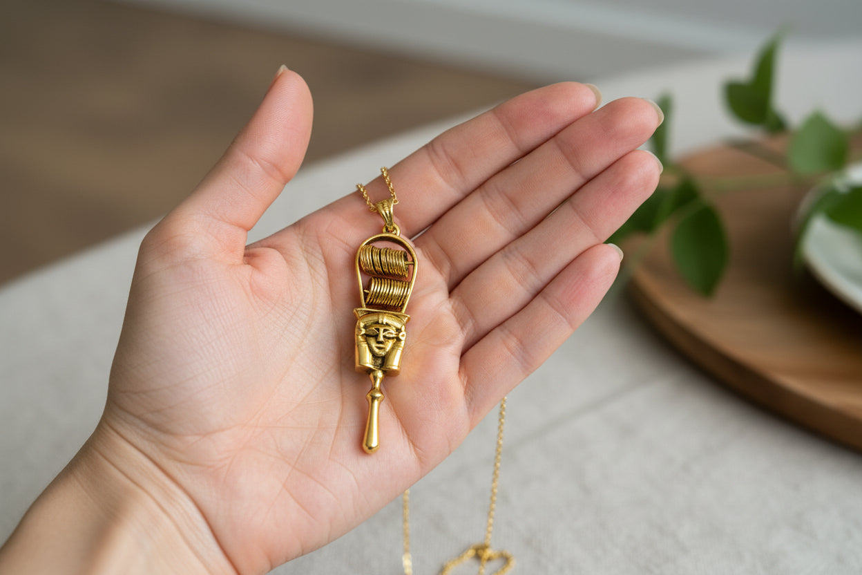 Gold Hathor Sistrum Pendant, Egyptian Revival Amulet Necklace