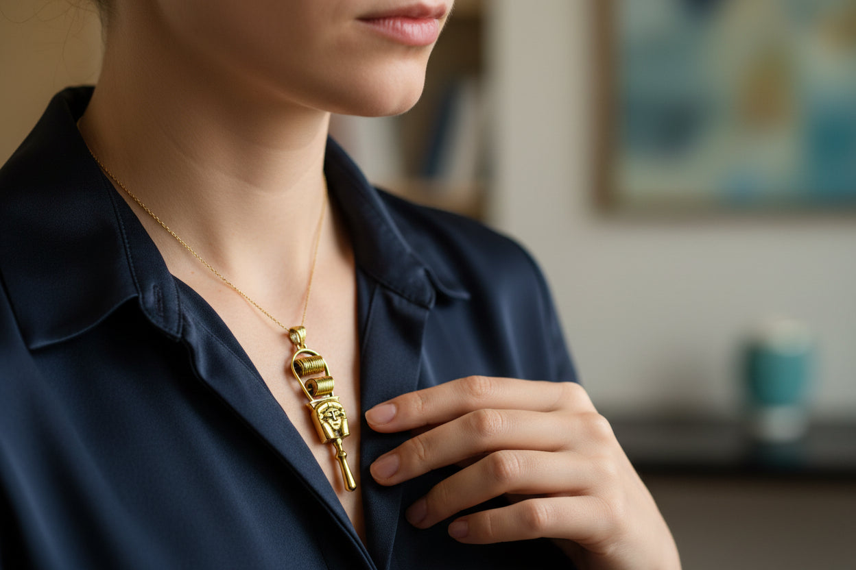 Gold Hathor Sistrum Pendant, Egyptian Revival Amulet Necklace