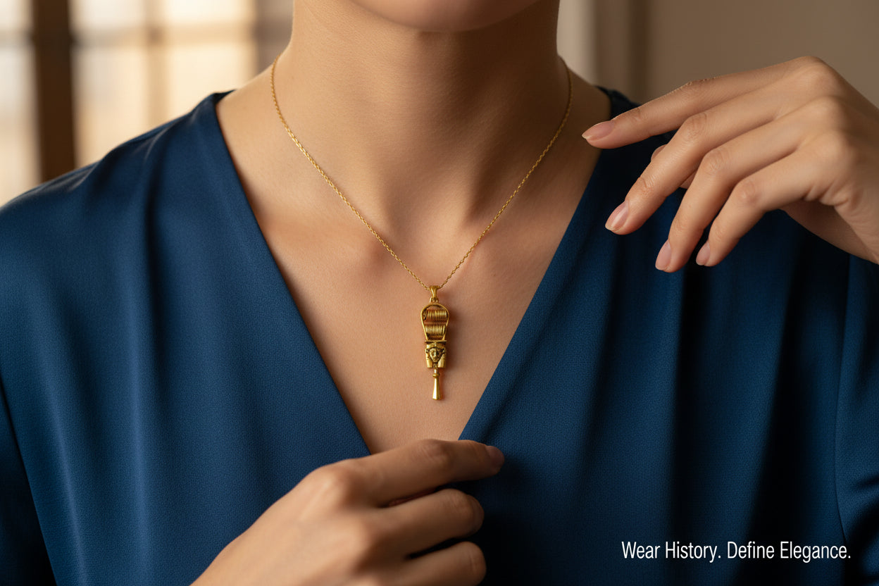 Gold Hathor Sistrum Pendant, Egyptian Revival Amulet Necklace