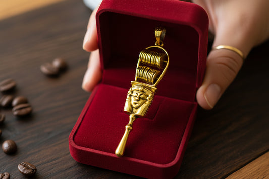 Gold Hathor Sistrum Pendant, Egyptian Revival Amulet Necklace