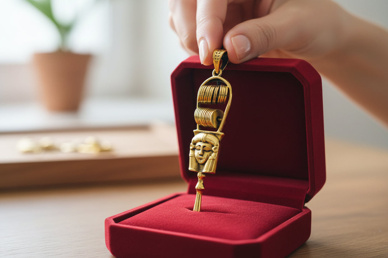 Gold Hathor Sistrum Pendant, Egyptian Revival Amulet Necklace