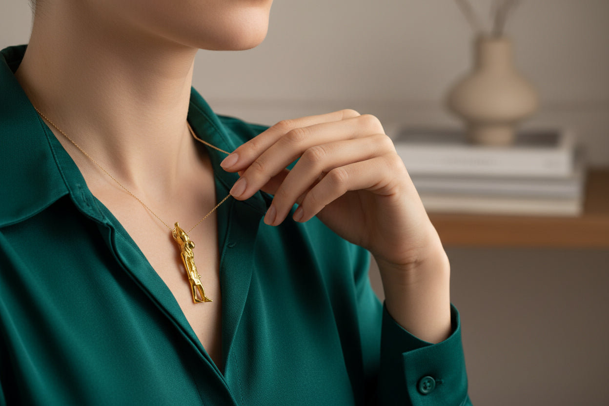 Gold Goddess Sekhmet Pendant, Egyptian Revival Amulet Gift