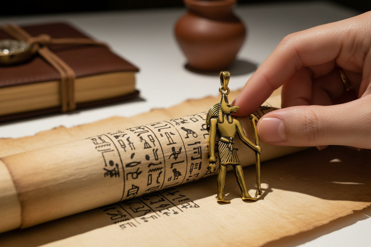 Gold Anubis Pendant Necklace, Handmade Egyptian Revival Jewelry