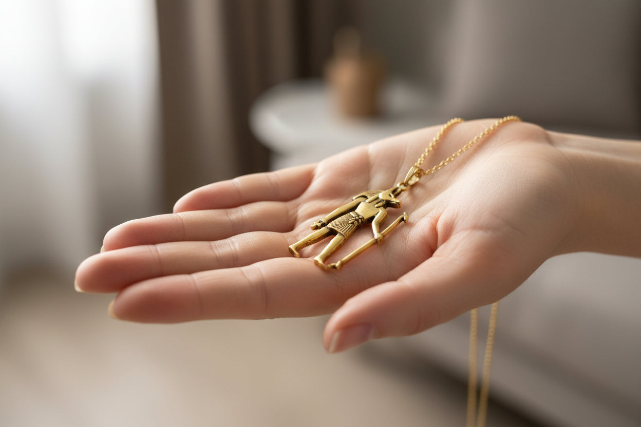 Gold Anubis Pendant Necklace, Handmade Egyptian Revival Jewelry