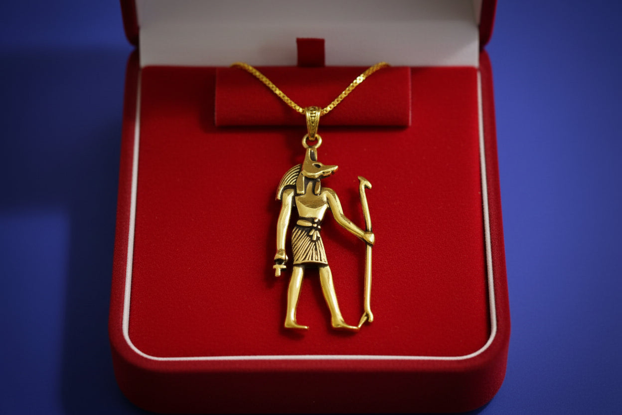 Gold Anubis Pendant Necklace, Handmade Egyptian Revival Jewelry