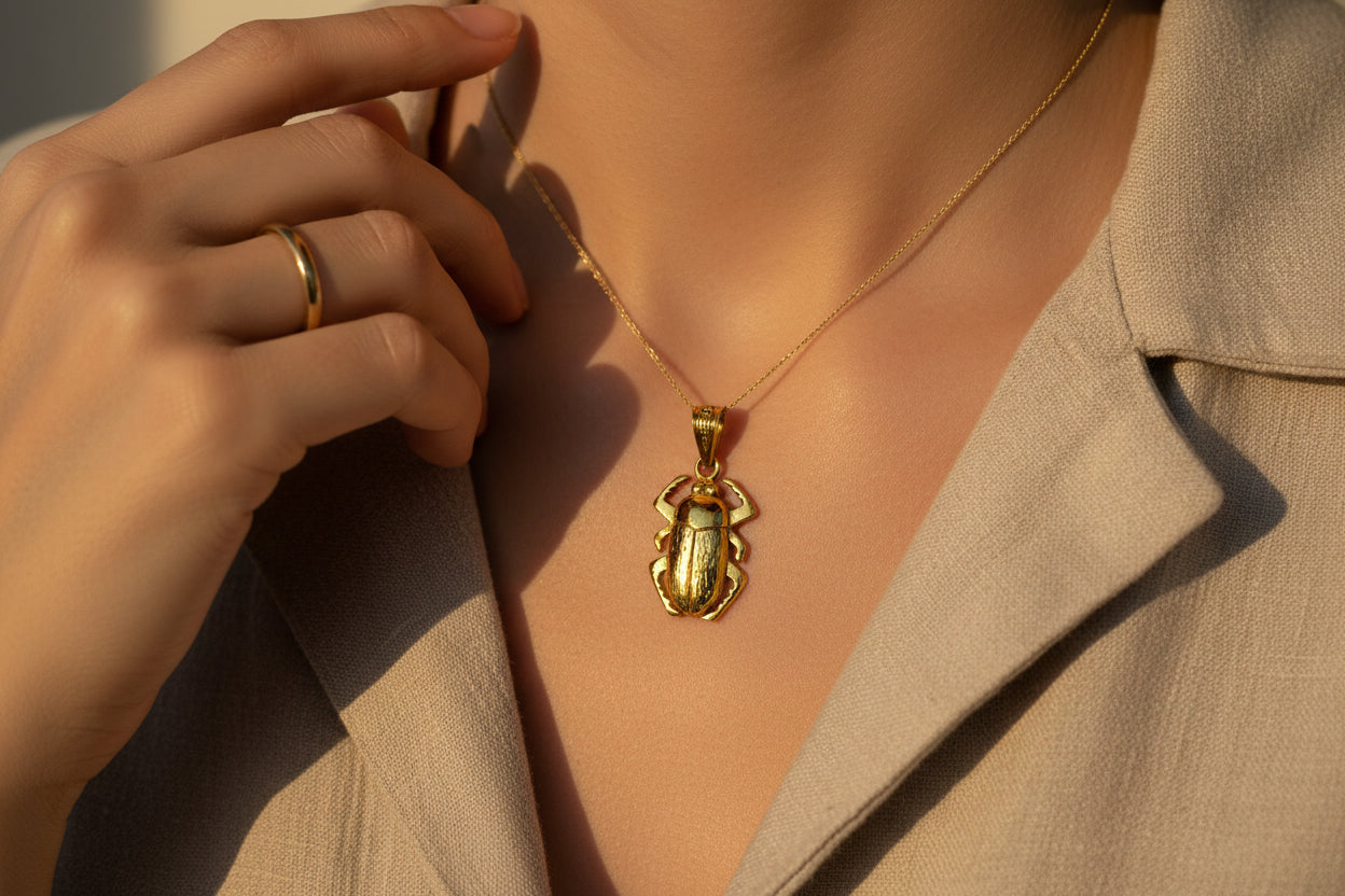 Gold Scarab Beetle Pendant Necklace, Egyptian Revival Talisman