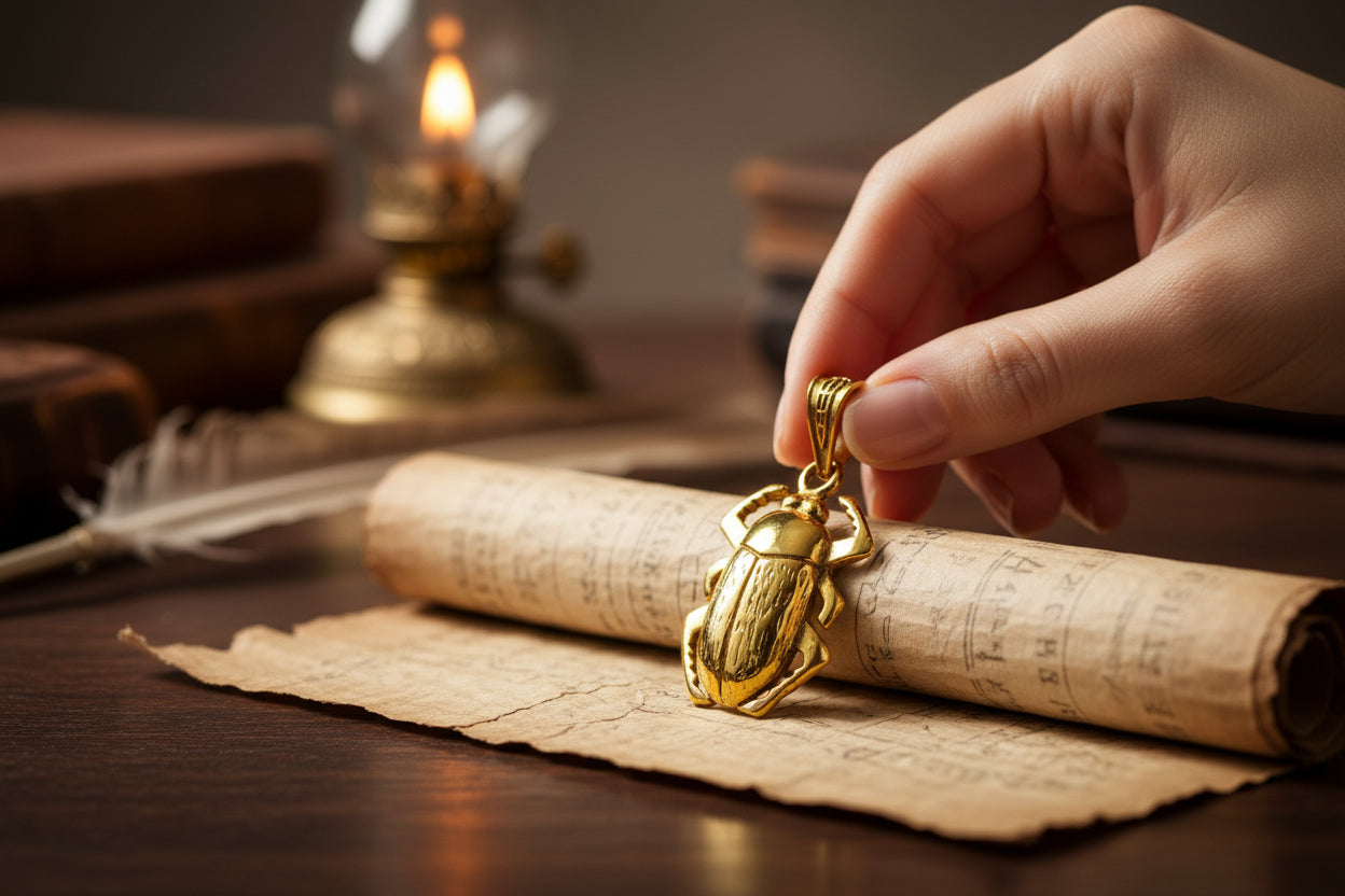 Gold Scarab Beetle Pendant Necklace, Egyptian Revival Talisman