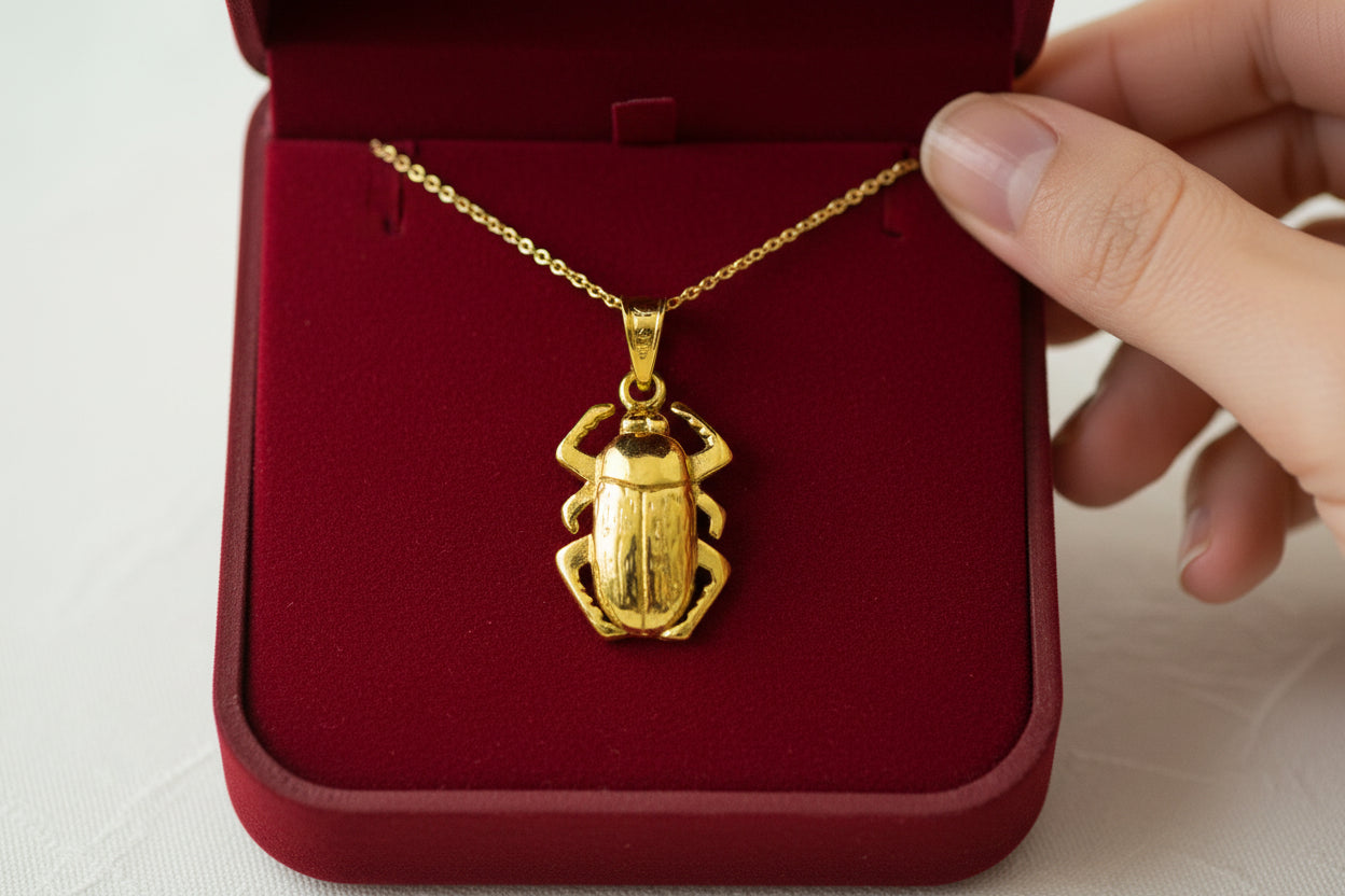 Gold Scarab Beetle Pendant Necklace, Egyptian Revival Talisman