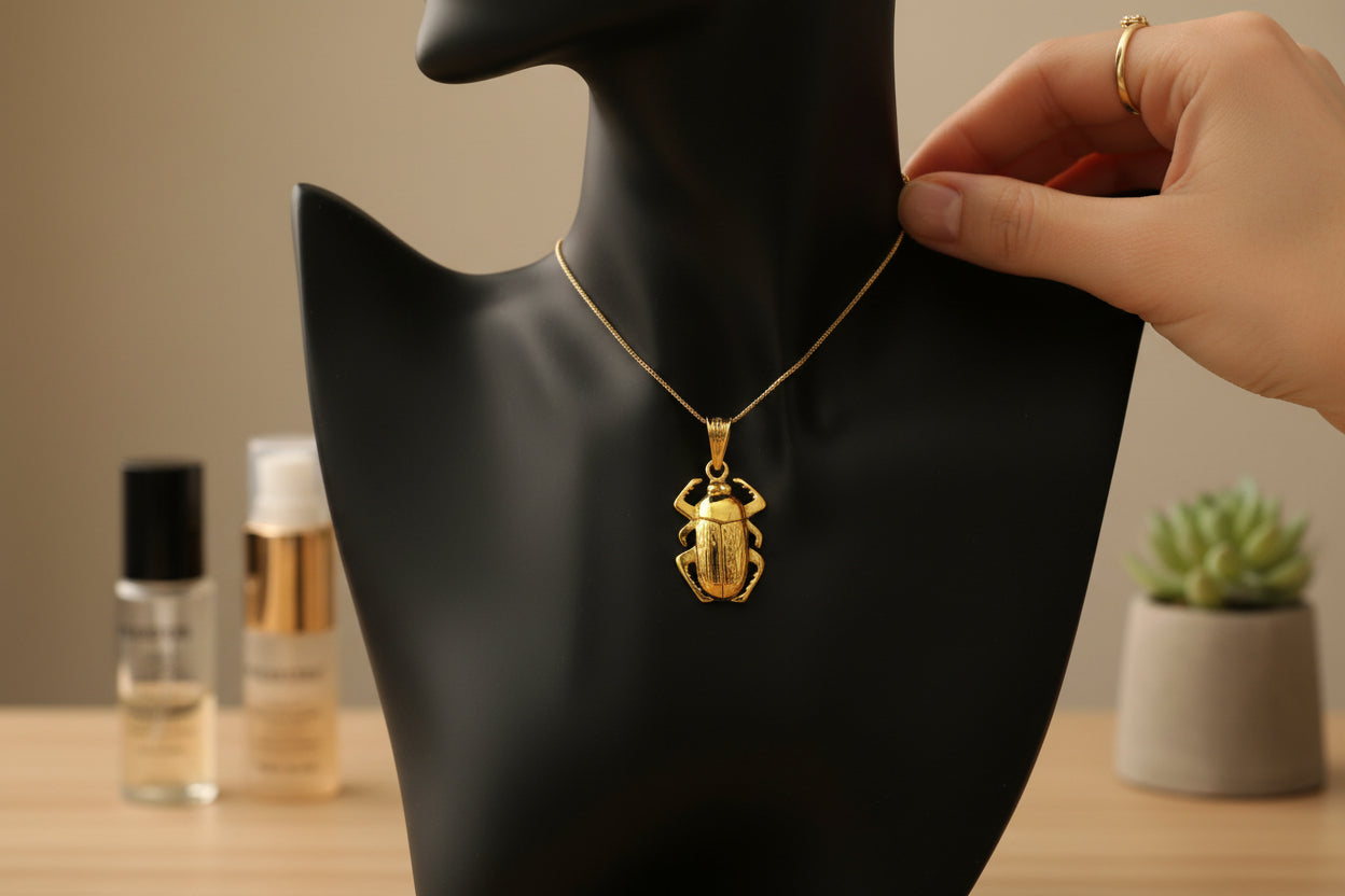 Gold Scarab Beetle Pendant Necklace, Egyptian Revival Talisman