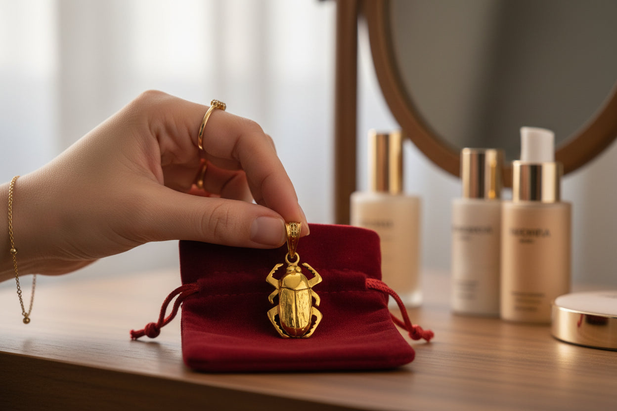 Gold Scarab Beetle Pendant Necklace, Egyptian Revival Talisman