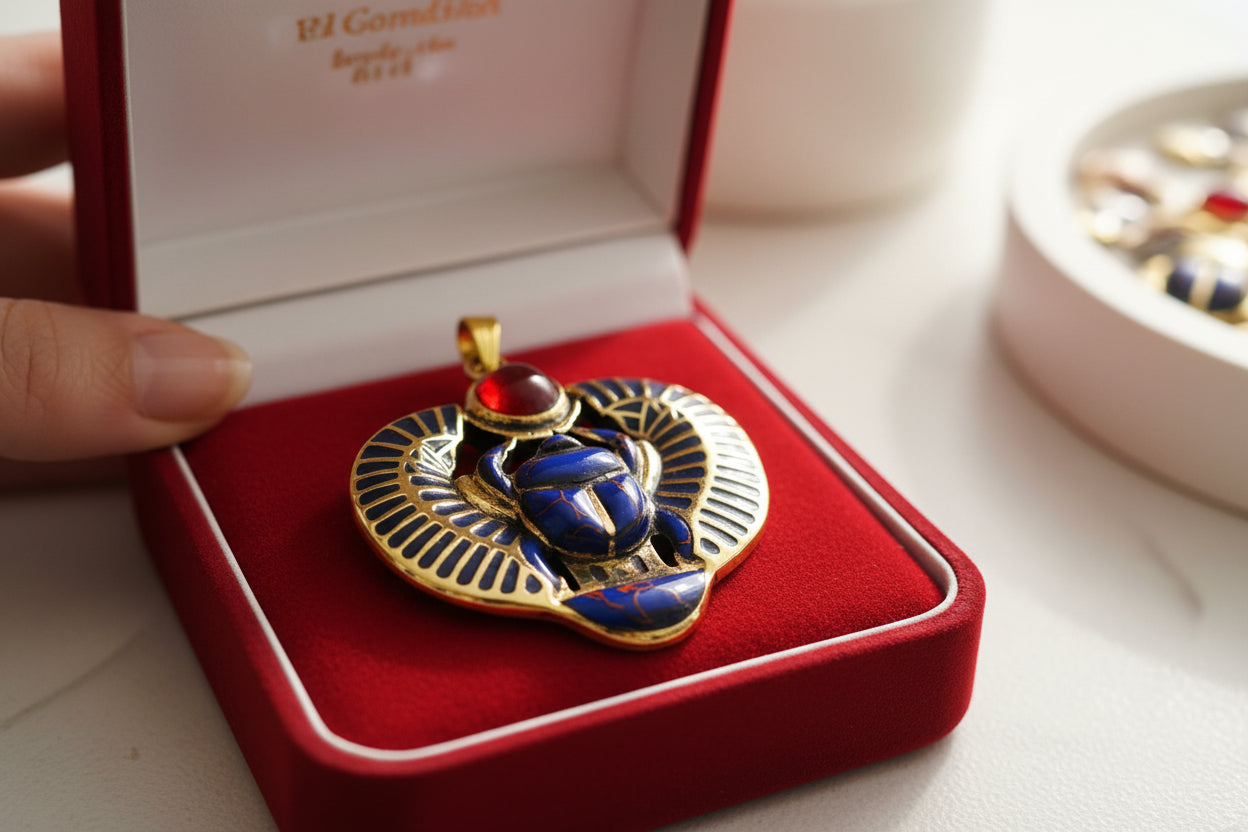 Gold Egyptian Scarab Lapis Lazuli Necklace, Handmade Talisman