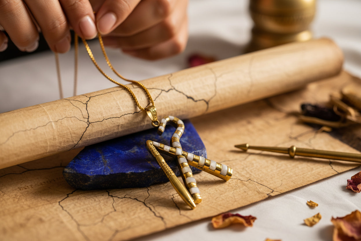 Gold Crook and Flail Necklace, Egyptian Heka Pendant with Mother of Pearl