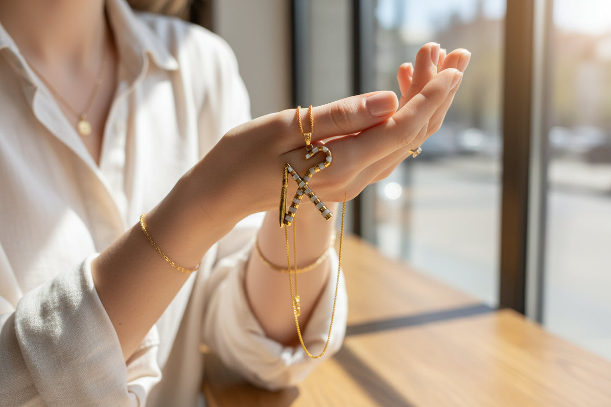 Gold Crook and Flail Necklace, Egyptian Heka Pendant with Mother of Pearl