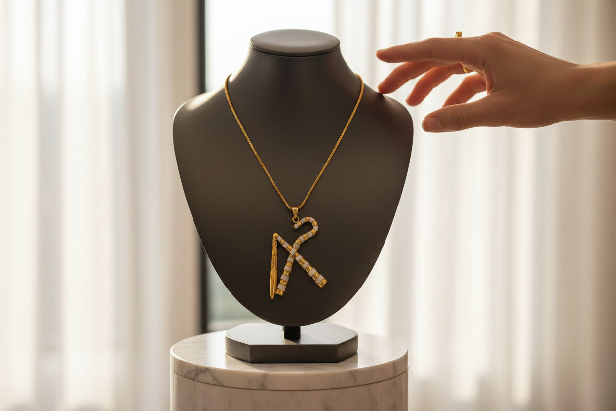 Gold Crook and Flail Necklace, Egyptian Heka Pendant with Mother of Pearl