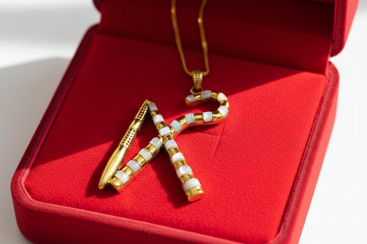 Gold Crook and Flail Necklace, Egyptian Heka Pendant with Mother of Pearl