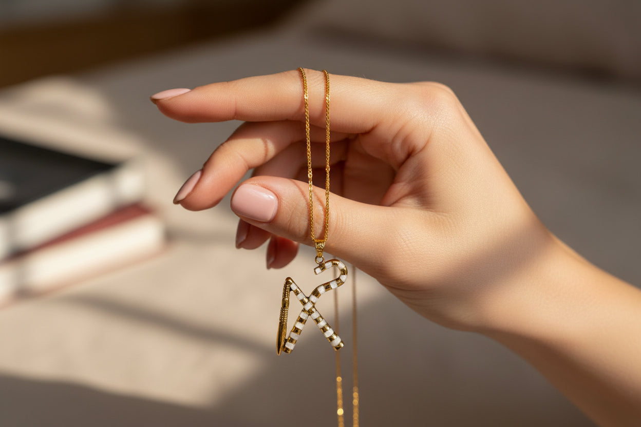 Gold Crook and Flail Necklace, Egyptian Heka Pendant with Mother of Pearl