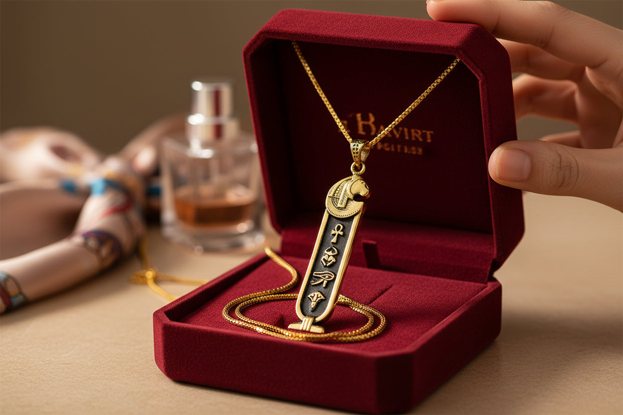 Gold Goddess Sekhmet Cartouche Necklace, Egyptian Jewelry, Gift For men and Women