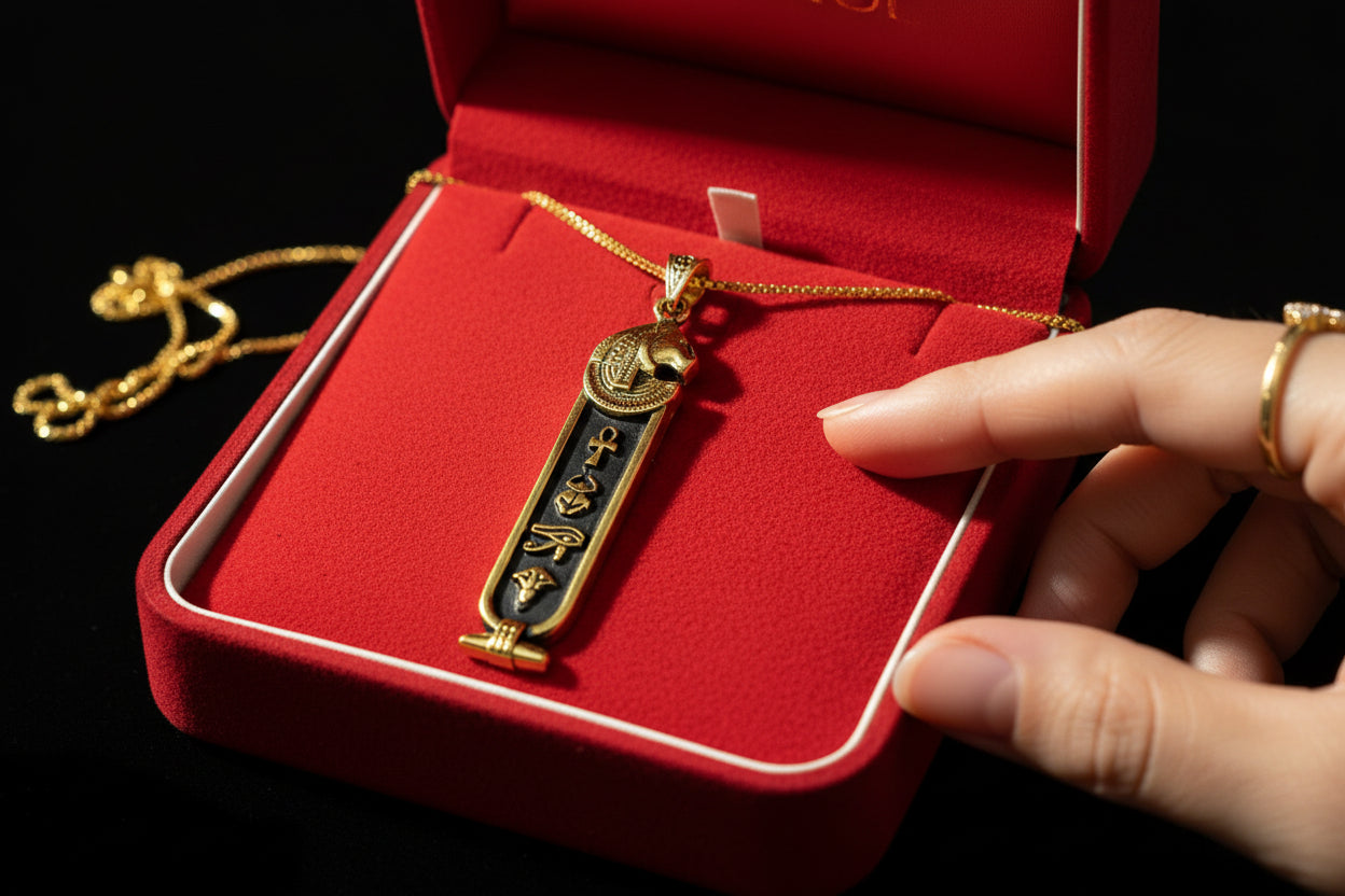 Gold Goddess Sekhmet Cartouche Necklace, Egyptian Jewelry, Gift For men and Women