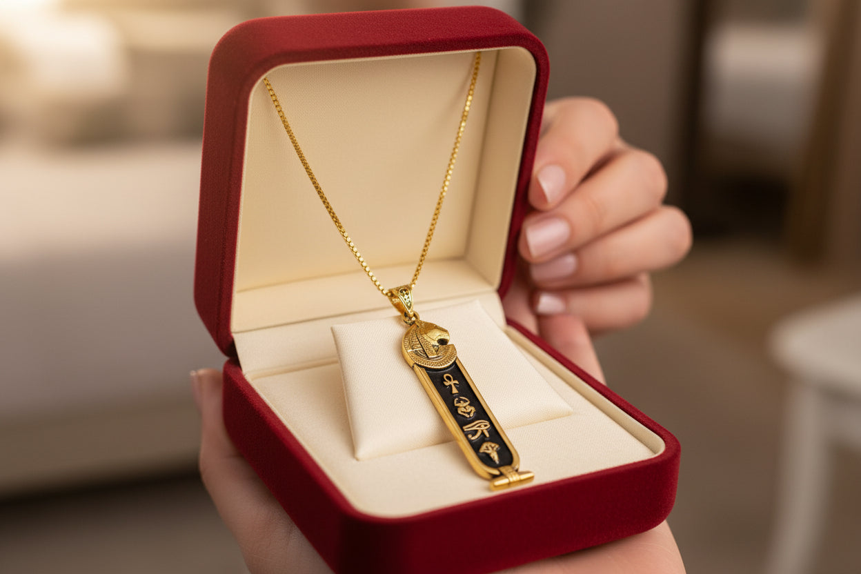 Gold Goddess Sekhmet Cartouche Necklace, Egyptian Jewelry, Gift For men and Women