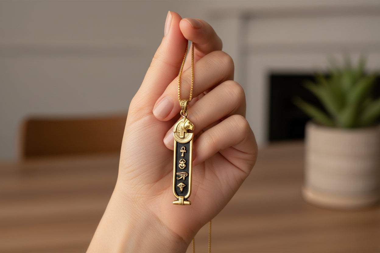 Gold Goddess Sekhmet Cartouche Necklace, Egyptian Jewelry, Gift For men and Women