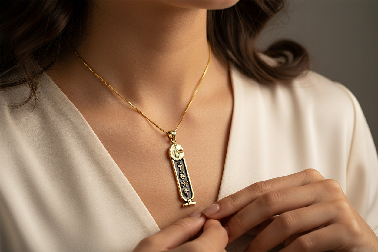 Gold Goddess Sekhmet Cartouche Necklace, Egyptian Jewelry, Gift For men and Women