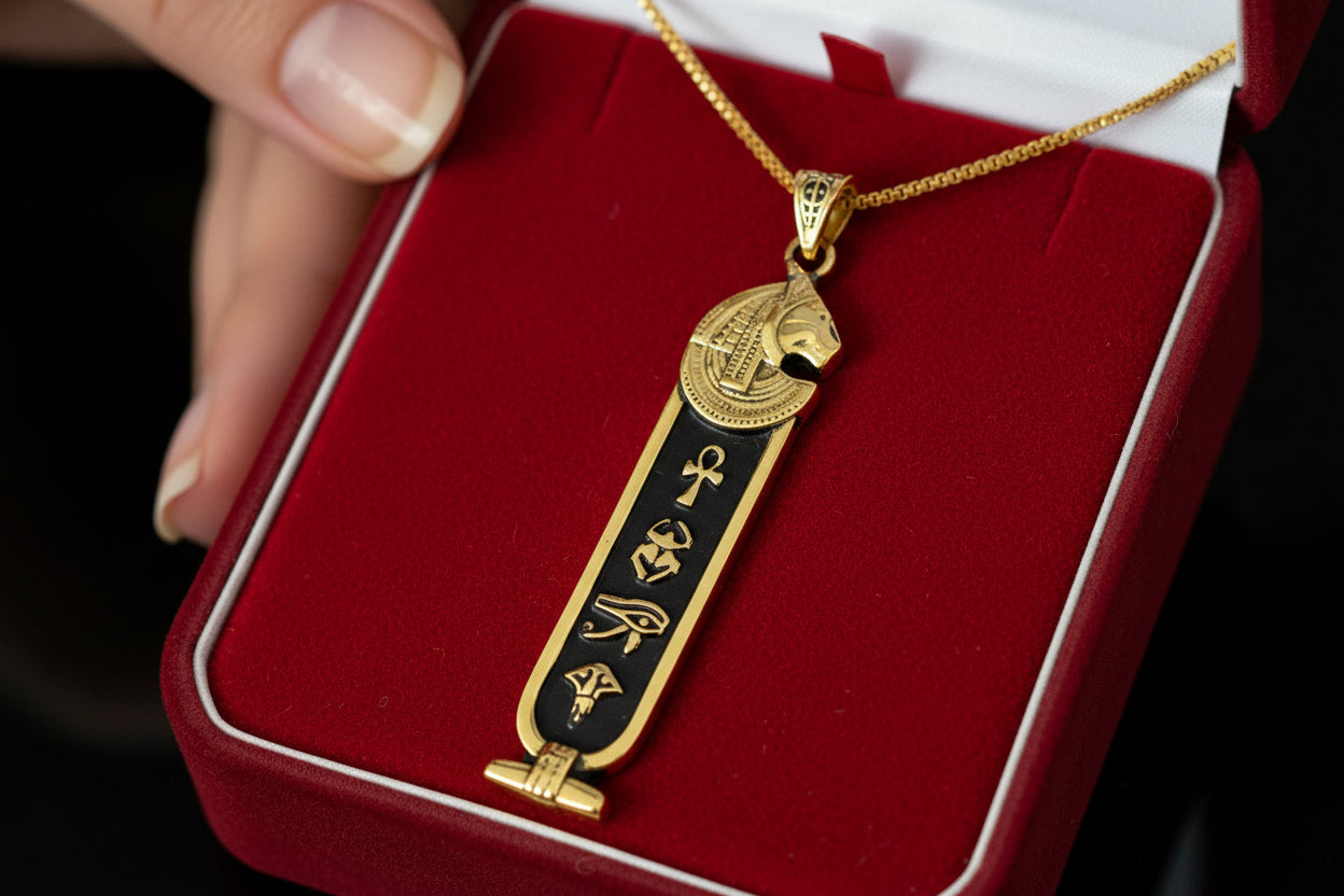 Gold Goddess Sekhmet Cartouche Necklace, Egyptian Jewelry, Gift For men and Women