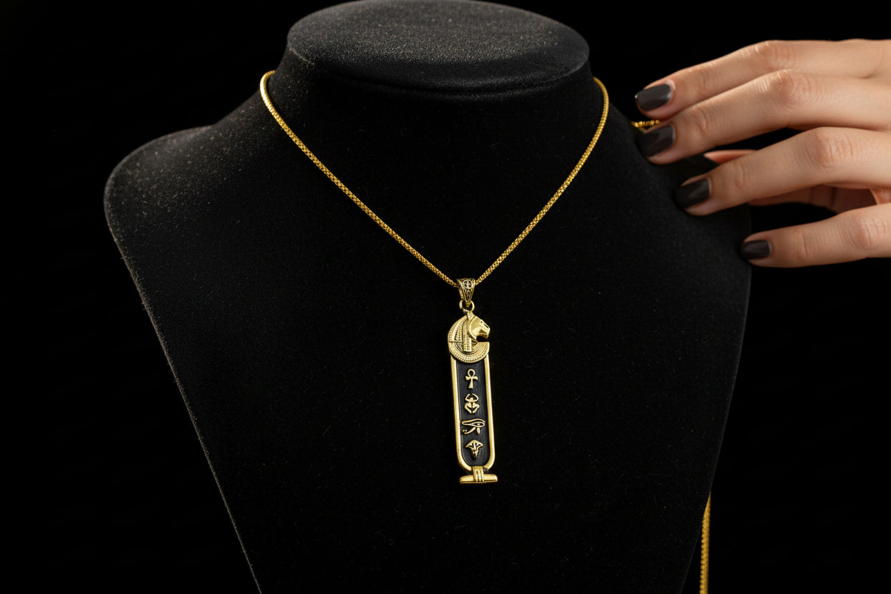 Gold Goddess Sekhmet Cartouche Necklace, Egyptian Jewelry, Gift For men and Women