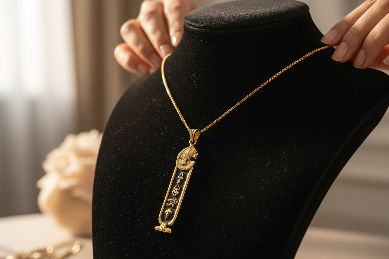 Gold Goddess Sekhmet Cartouche Necklace, Egyptian Jewelry, Gift For men and Women