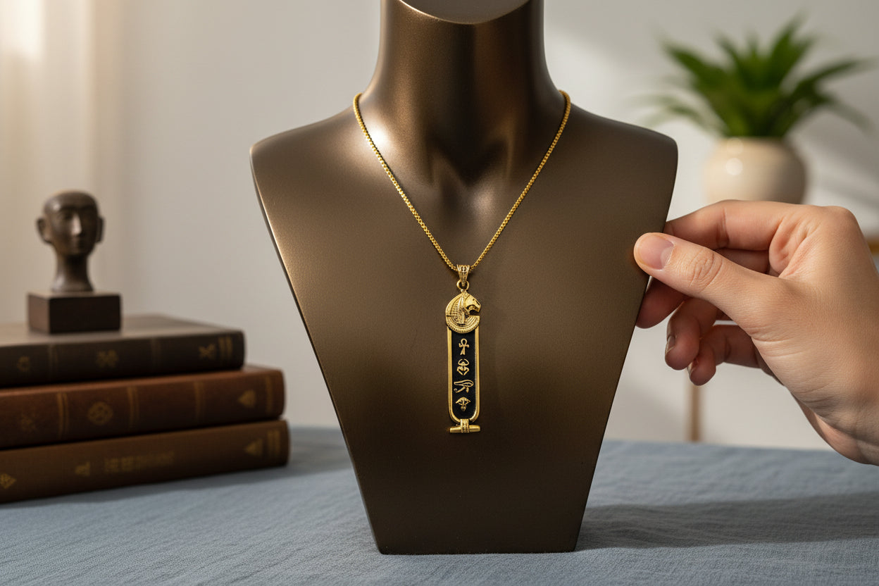 Gold Goddess Sekhmet Cartouche Necklace, Egyptian Jewelry, Gift For men and Women