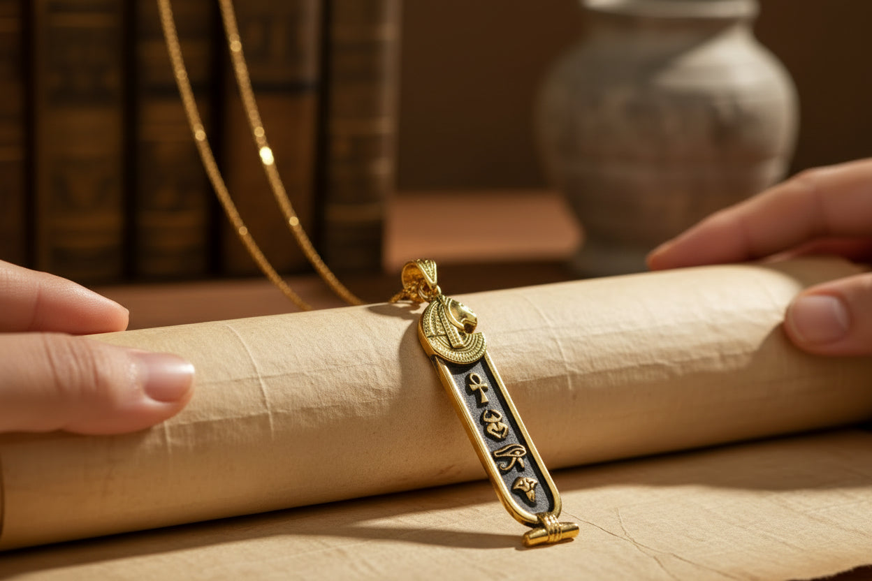 Gold Goddess Sekhmet Cartouche Necklace, Egyptian Jewelry, Gift For men and Women
