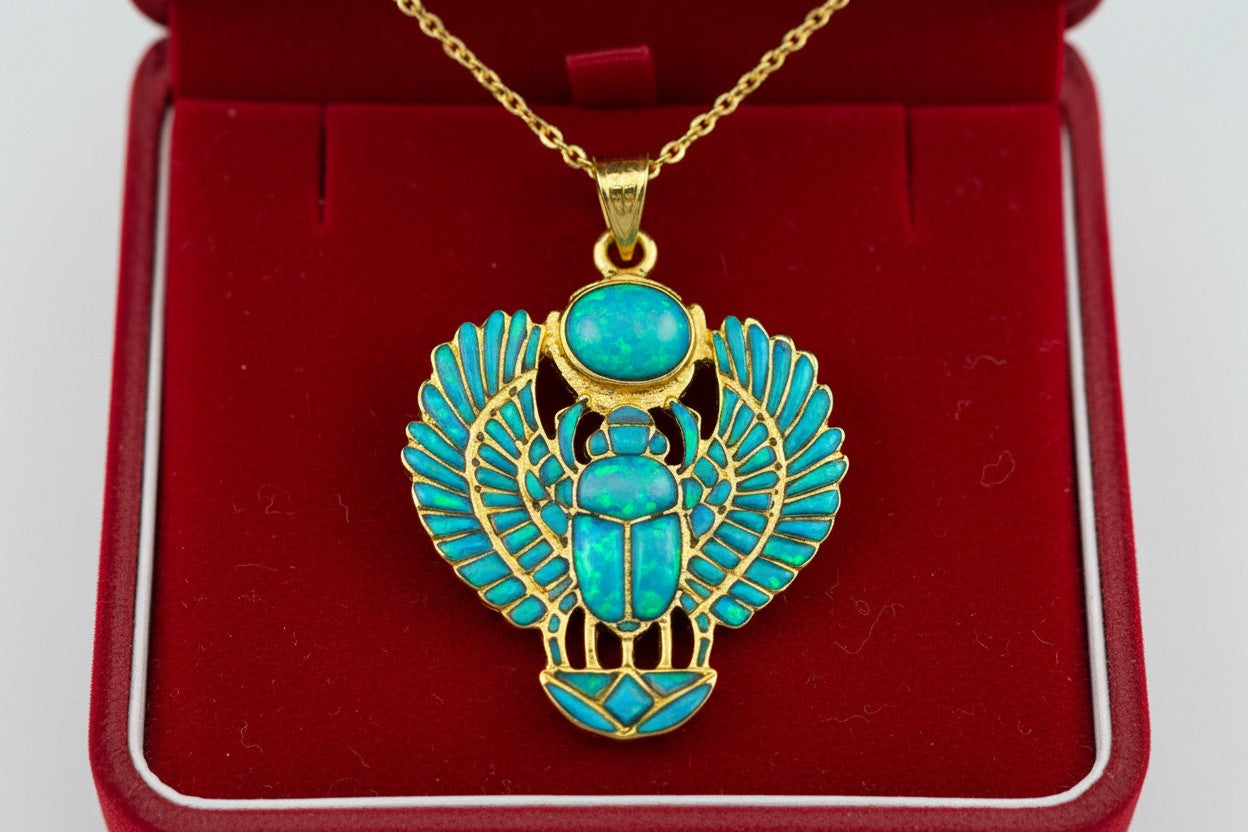 Gold Winged Scarab Pendant, Opal Egyptian Amulet, Talisman Necklace