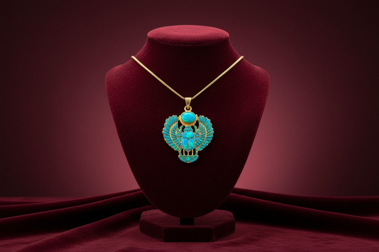 Gold Winged Scarab Pendant, Opal Egyptian Amulet, Talisman Necklace