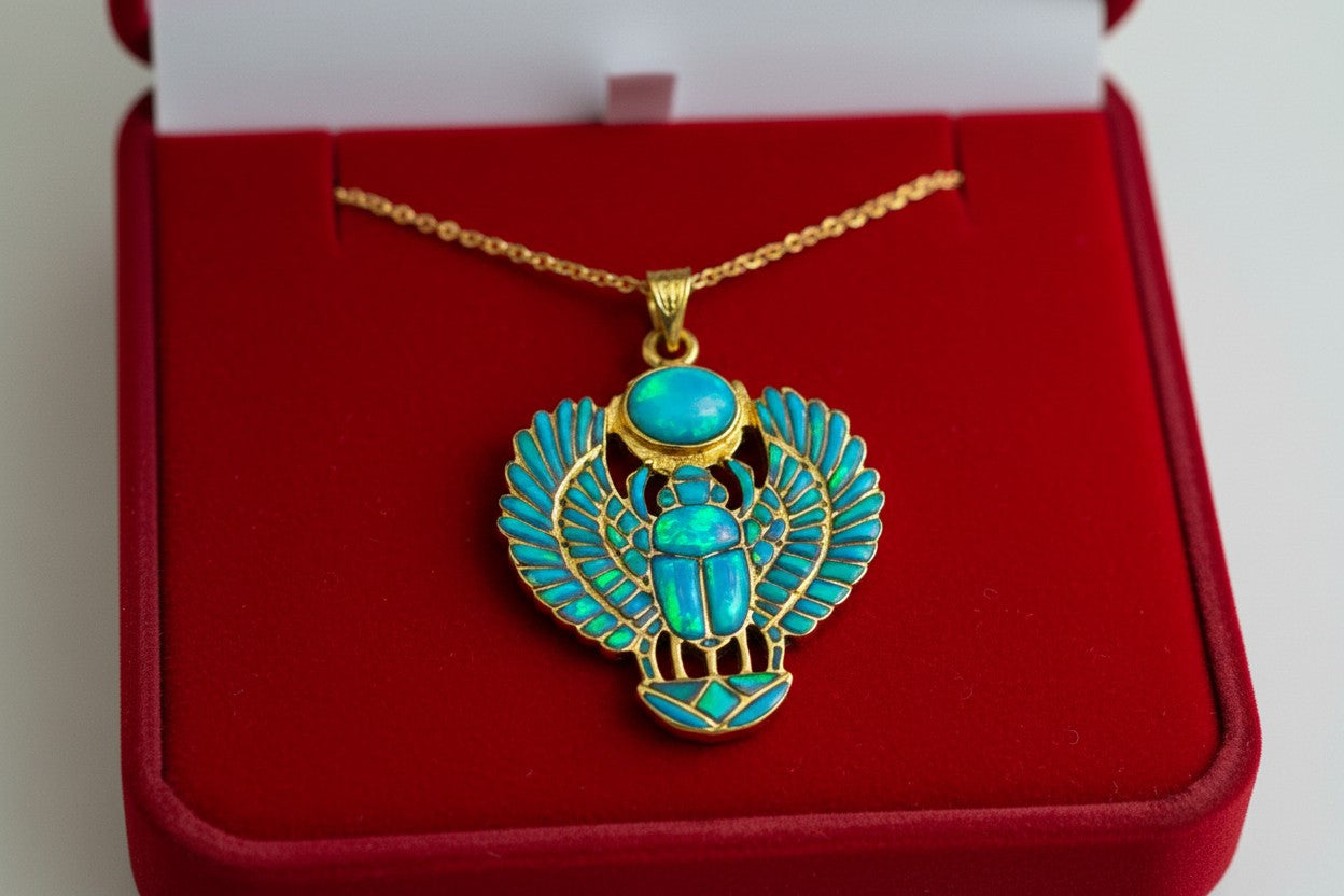 Gold Winged Scarab Pendant, Opal Egyptian Amulet, Talisman Necklace