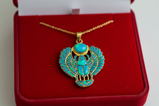 Gold Winged Scarab Pendant, Opal Egyptian Amulet, Talisman Necklace
