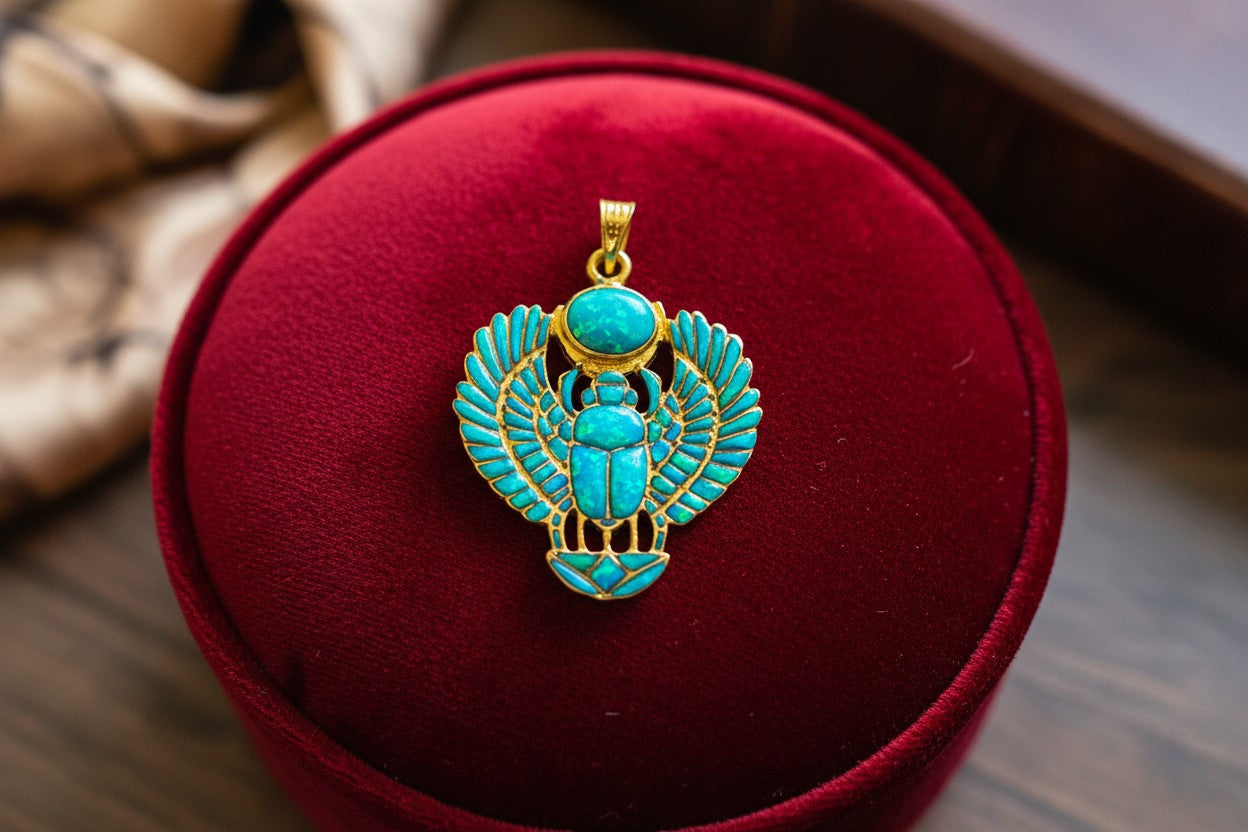Gold Winged Scarab Pendant, Opal Egyptian Amulet, Talisman Necklace