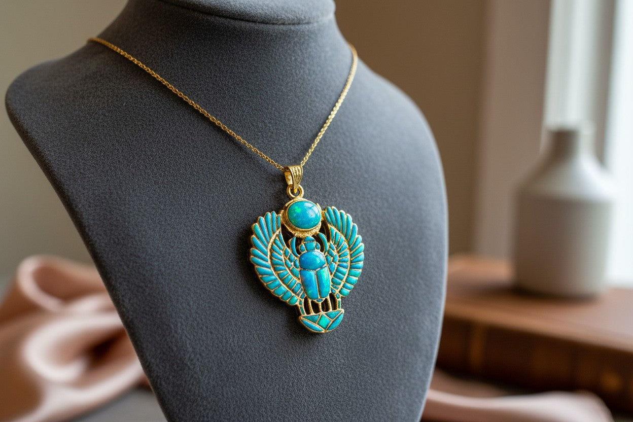 Gold Winged Scarab Pendant, Opal Egyptian Amulet, Talisman Necklace