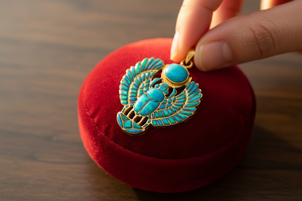 Gold Winged Scarab Pendant, Opal Egyptian Amulet, Talisman Necklace