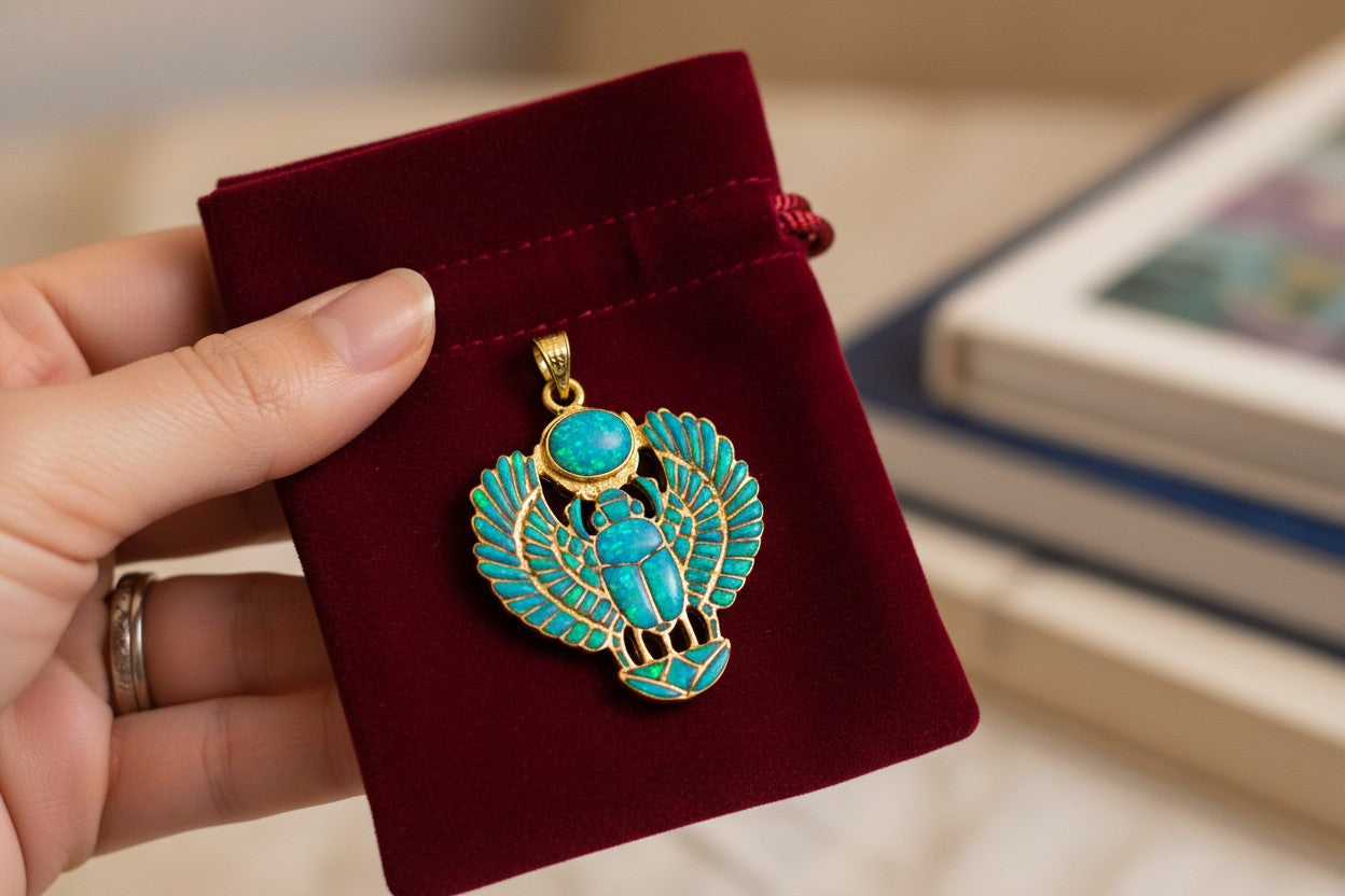Gold Winged Scarab Pendant, Opal Egyptian Amulet, Talisman Necklace