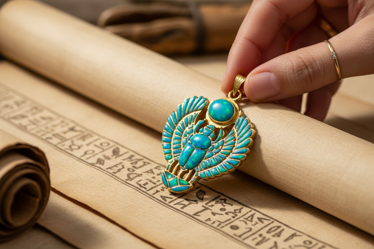Gold Winged Scarab Pendant, Opal Egyptian Amulet, Talisman Necklace