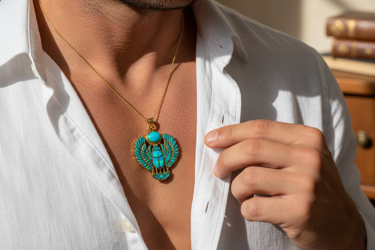 Gold Winged Scarab Pendant, Opal Egyptian Amulet, Talisman Necklace