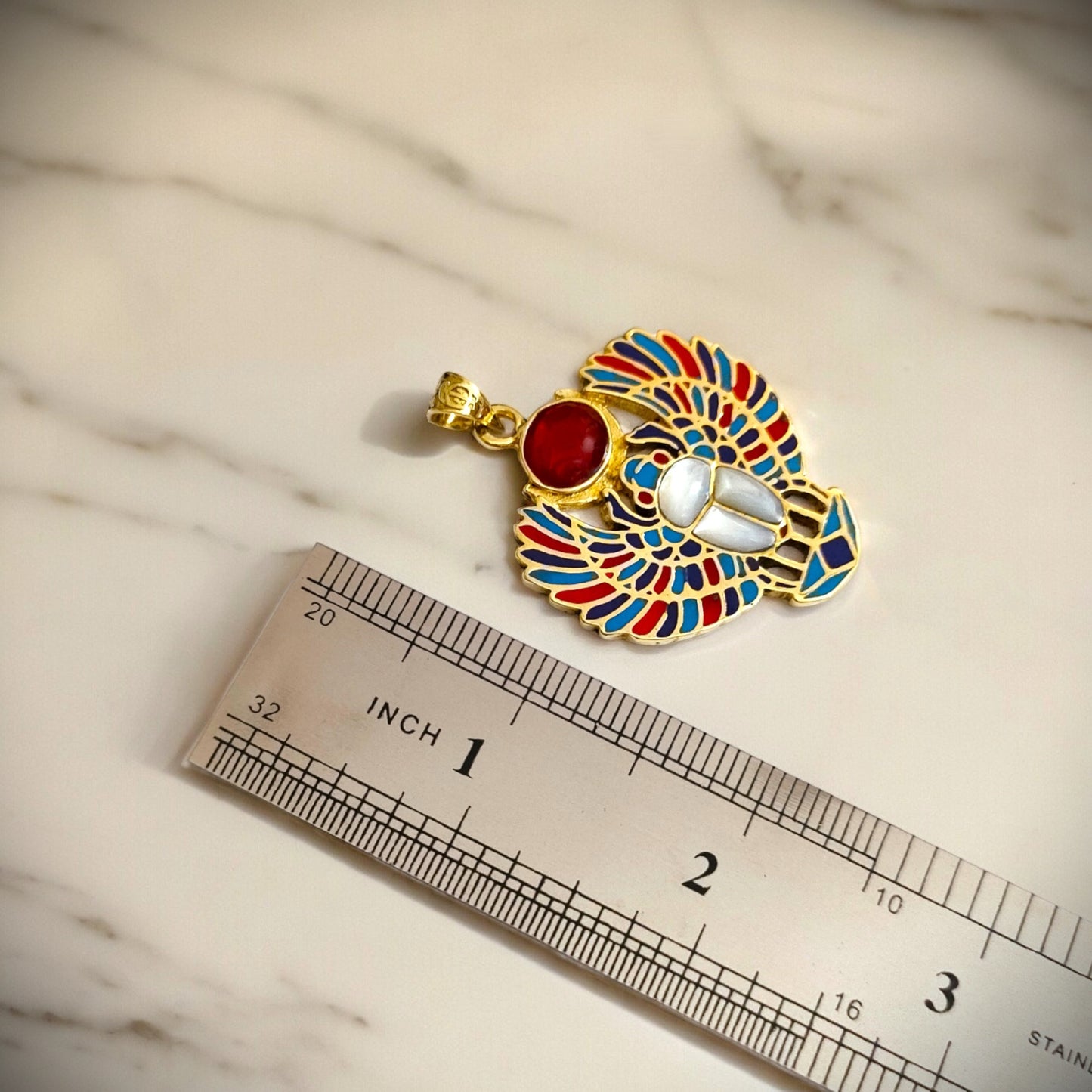 Gold Winged Scarab Pendant, Egyptian Revival Necklace, Mother of Pearl & Enamel