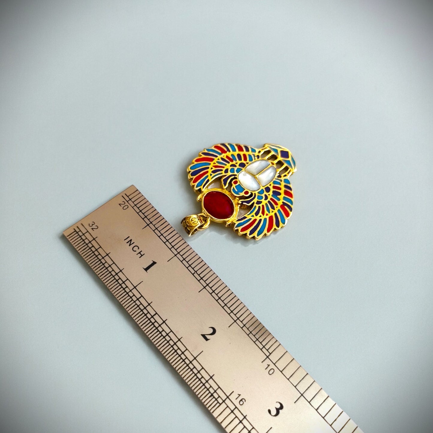 Gold Winged Scarab Pendant, Egyptian Revival Necklace, Mother of Pearl & Enamel