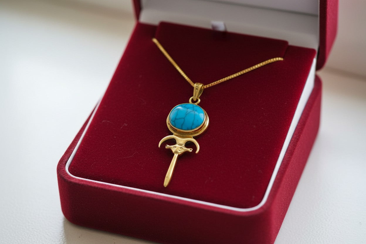 Gold Hathor Mirror Necklace, Lapis Lazuli Egyptian Pendant, Ancient Egyptian Jewelry, Goddess Hathor Talisman, Spiritual Gift For Her Him