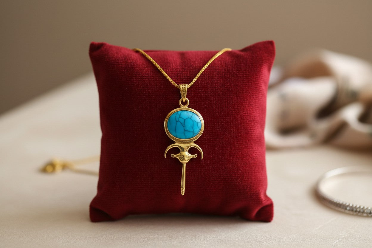 Gold Hathor Mirror Necklace, Lapis Lazuli Egyptian Pendant, Ancient Egyptian Jewelry, Goddess Hathor Talisman, Spiritual Gift For Her Him