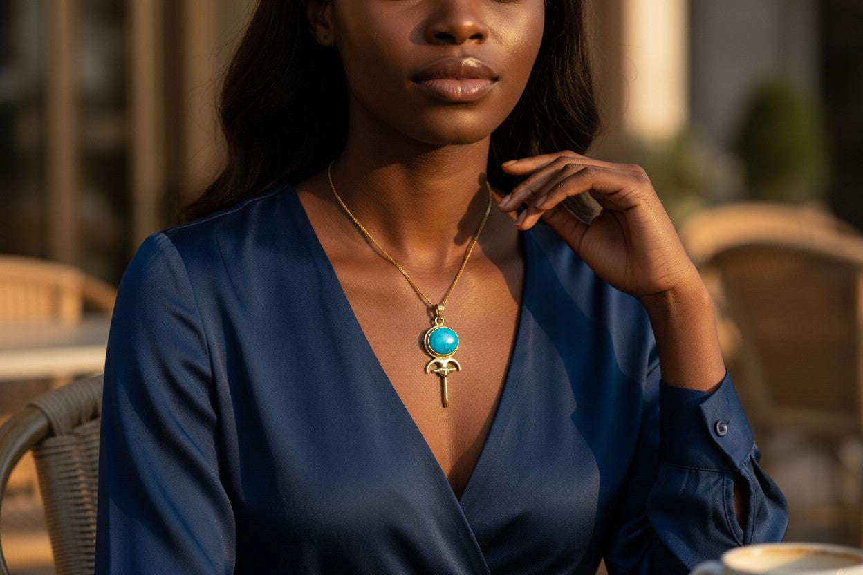 Gold Hathor Mirror Necklace, Lapis Lazuli Egyptian Pendant, Ancient Egyptian Jewelry, Goddess Hathor Talisman, Spiritual Gift For Her Him