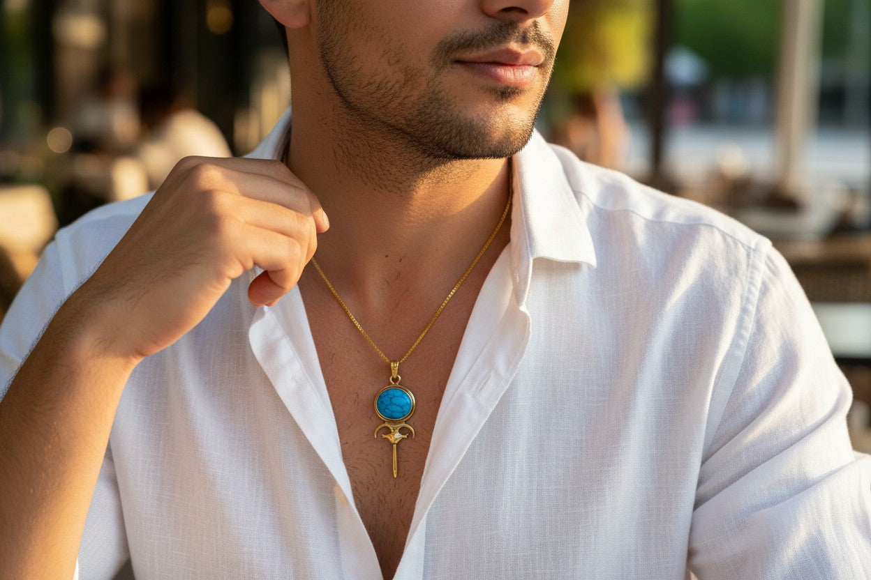 Gold Hathor Mirror Necklace, Lapis Lazuli Egyptian Pendant, Ancient Egyptian Jewelry, Goddess Hathor Talisman, Spiritual Gift For Her Him
