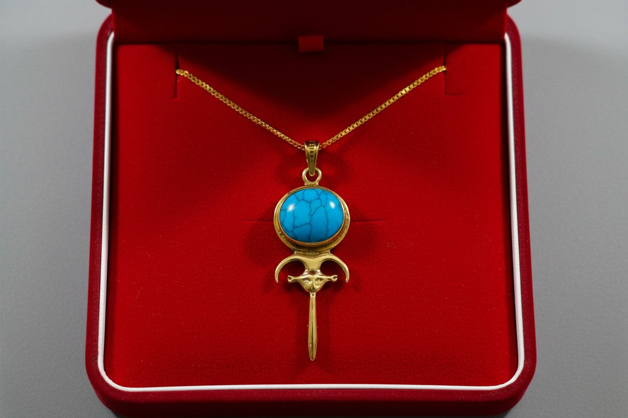 Gold Hathor Mirror Necklace, Lapis Lazuli Egyptian Pendant, Ancient Egyptian Jewelry, Goddess Hathor Talisman, Spiritual Gift For Her Him